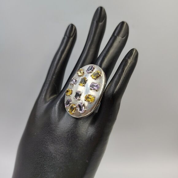 Sterling Silver 925 Amethyst Citrine Statement Oval Shield Shape Ring Sz 8 - Picture 5 of 16